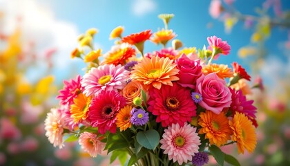 Beautiful, vivid, colorful mixed flower bouquet still life detail. Vibrant and colorful mixed flower bouquet still life showcasing a variety of beautiful flora petals in an assortment arrangement