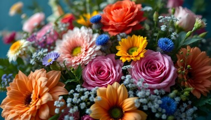 Obraz premium Beautiful, vivid, colorful mixed flower bouquet still life detail. Vibrant and colorful mixed flower bouquet still life showcasing a variety of beautiful flora petals in an assortment arrangement