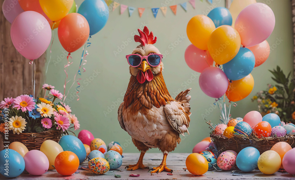 Poster chicken wearing sunglasses stands in front of a table full of colorful eggs. there are also balloons