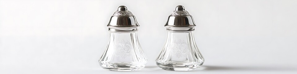 Chic retro-style salt and pepper shakers with engraved glass and shiny silver tops, against a pristine white backdrop, high resolution