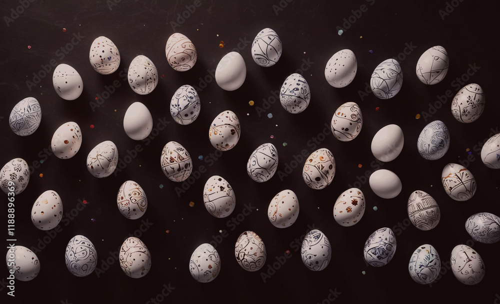Poster Collection of eggs with various designs painted on them, including some with black and white patterns. The eggs are arranged in a row, with some overlapping and others standing alone