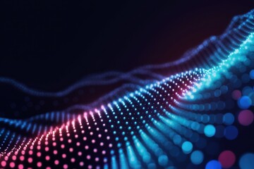 abstract DNA strand, glowing particles, blue and pink neon lights, digital wave, futuristic technology, black background, cybernetic network, microscopic view, bioluminescence, scientific visualizatio