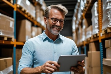 Happy businessman checks inventory on tablet in a hardware warehouse. He is smiling and focused on his work. Lots of cardboard boxes are stacked on shelves in the large space. Its a busy workplace.