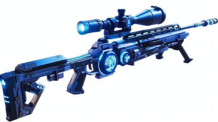 A high-tech sniper rifle with a glowing power core and extended energy-infused barrel. The sleek design features angular edges and smooth curves.