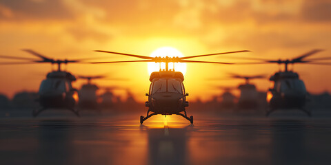 Helicopters silhouetted against a vibrant sunset. A powerful and dramatic image, perfect for illustrating themes of power, strength, and teamwork.