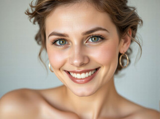 Obraz premium Headshot closeup portrait of a handsome and cheerful young european white skin beautiful woman. Confidence, happy face and smiling female. Portrait of a joyful person looking at the camera. Background