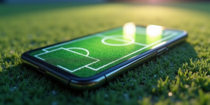 A smartphone displaying a soccer field on grass, symbolizing the fusion of technology and sports. Perfect for promoting soccer apps or sports-related services.