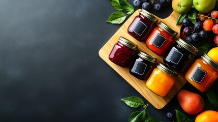 A wooden board displays various jars of colorful jams alongside fresh fruit and leaves.