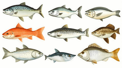 Salt water fish (salmon, trout, mackerel, flat fish, codd). Seawood. Illustration