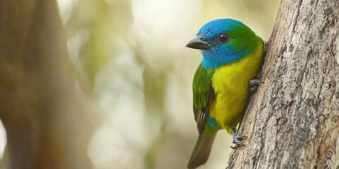 Fototapeta premium Vibrant Blue Green Bird on Tree Trunk Nature Photography