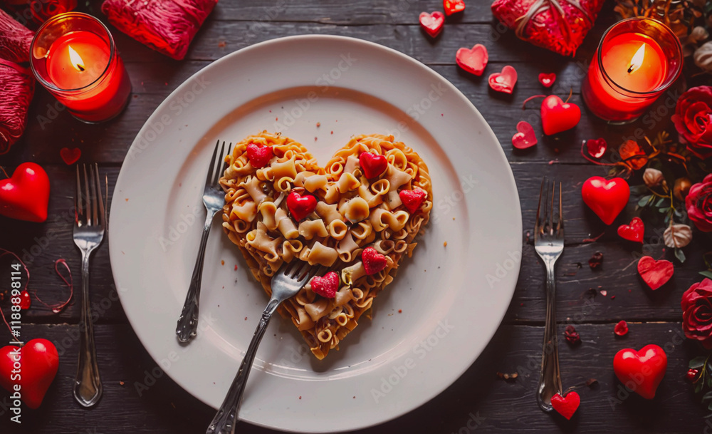 Poster Plate of food with a heart shape on it. The plate is on a table with a candle in the background