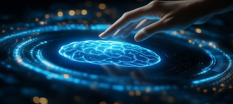 Abstract Holographic Brain and Blue Light, Future Technology and Neuroscience Concept.