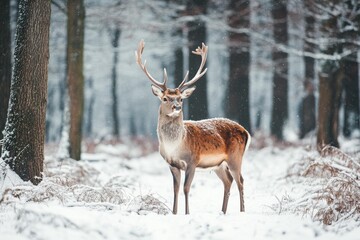 Majestic deer standing in a snowy forest during winter, surrounded by tall trees and soft falling snowflakes