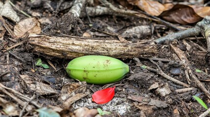Tropical Fruit on Forest Floor with Fallen Branches and Petal