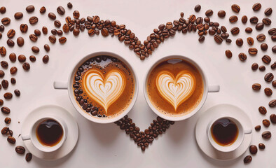 Two cups of coffee with heart shapes on top of them. The coffee is brown and there are coffee beans scattered around the cups