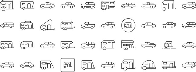 Pack of Motorhome and Car Related Line Icons. Outline Signs for Graphic and Web Design, Apps, Adverts, Various Cards