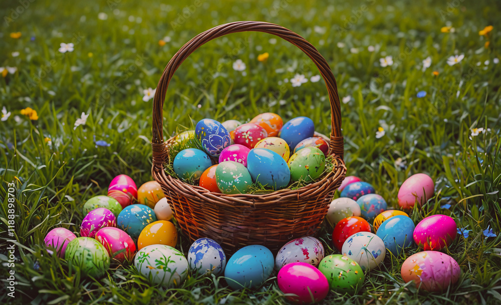 Poster basket full of easter eggs is on the grass. there are many different colors of eggs in the basket