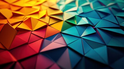 Colorful 3D geometric pattern with vibrant triangular shapes and gradients. 