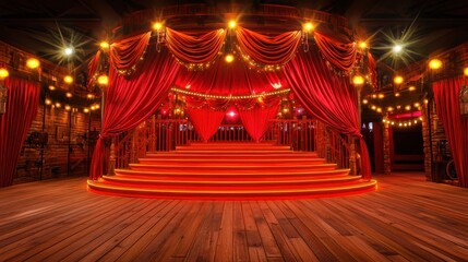 circular wooden platform with elegant red velvet curtains and warm lights creates dramatic stage setting. inviting atmosphere is perfect for performances