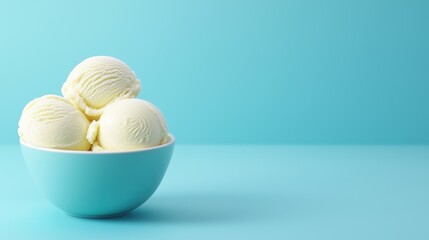 Toxic Inflammatory food. Creamy vanilla ice cream scoops in a turquoise bowl against a blue background.