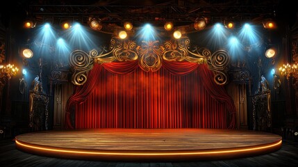 round wooden stage adorned with red velvet curtains and illuminated by bright stage lights creates dramatic atmosphere for performances