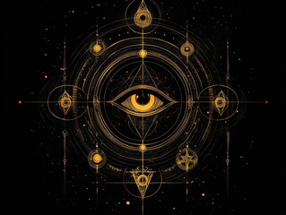A set of ancient occult symbols, including circles and triangles, arranged in a circular pattern on a black background.