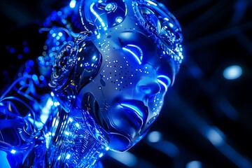 Futuristic Robot Face with Glowing Blue LEDs and Smooth Features