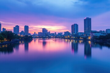 Obraz premium City Skyline Reflected in Calm Water at Sunset