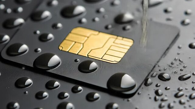 Close-up view of a black SIM card surrounded by droplets of water on a dark surface highlighting its details and texture