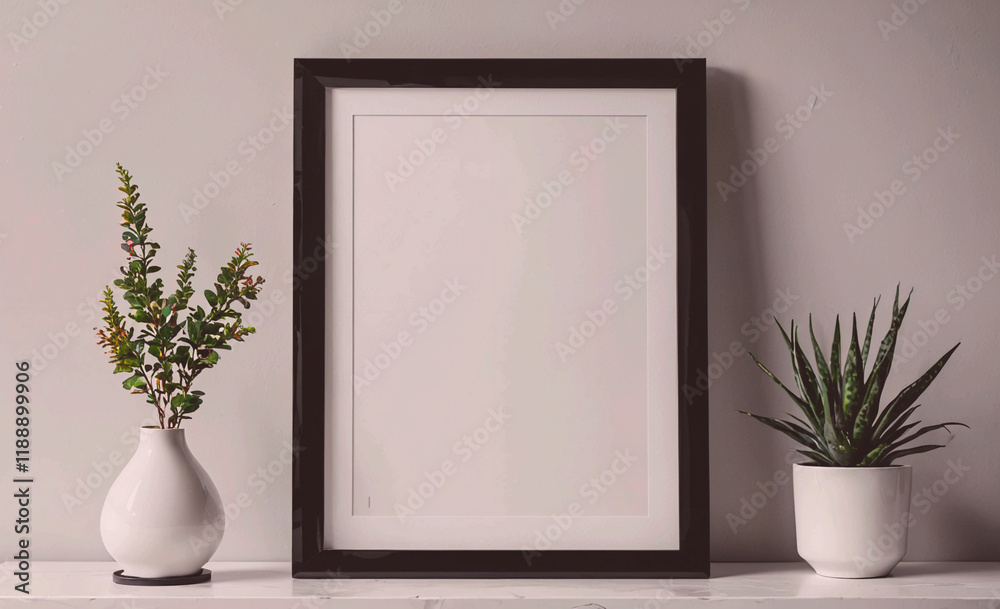 Poster black framed picture sits on a shelf next to two white vases. the picture is empty