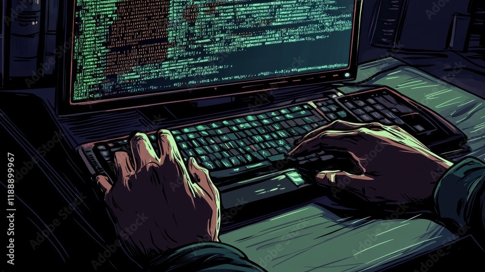 Fototapete Modern flat illustration of a programmer typing on a laptop at a desk with coding icons and development graphics, showcasing a cartoon-style developer engaged in software programming and technology de