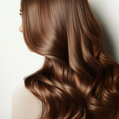 Naklejka premium Brown hair girl with long shiny hair on a white background, shampoo advertising