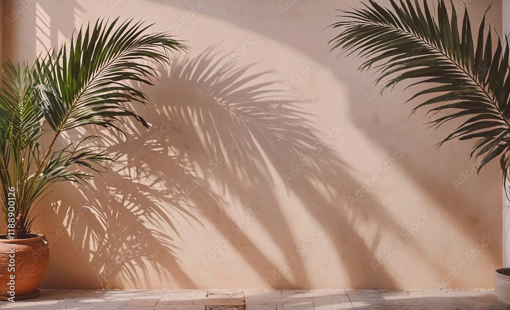 Aufkleber wall with a plant in a pot and a palm tree. the palm tree is casting a shadow on the wall