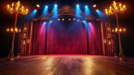 grand wooden stage adorned with rich red velvet curtains, illuminated by vibrant lights and elegant chandeliers, creating dramatic atmosphere for performances