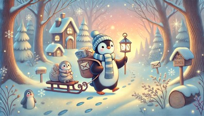 A Whimsical Penguin Mail Carrier in a Serene Snowy Forest at Sunset