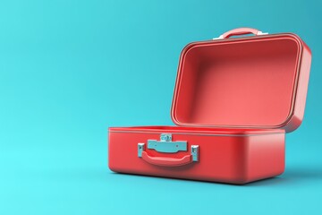 Open red suitcase on turquoise background symbolizing travel and organization