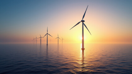 A serene sunrise over a body of water with offshore wind turbines as silhouettes.