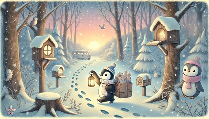 A Whimsical Winter Scene with a Penguin Mail Carrier Bringing Magic to the Forest at Sunset