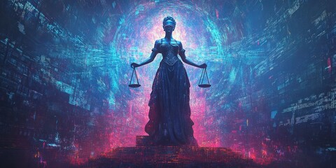 3D Lady Justice Statue Surrounded by Digital Data Streams, Scales with Glowing Coins Symbolizing the Balance of Justice in Cyberpunk Style.