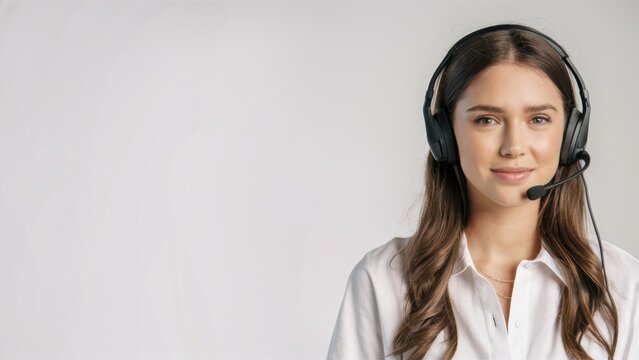 Young woman, customer service representative, headset, white blouse, long brown hair, friendly smile, professional appearance, bright eyes, office setting, clean background, corporate portrait, attent