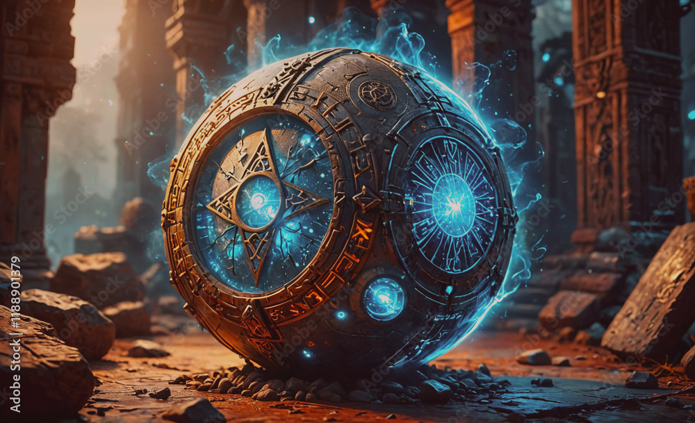 Aufkleber large, glowing sphere with a star on it. the sphere is surrounded by rocks. the sphere is in the cen