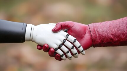 A robotic hand shakes hands with a human hand, symbolizing the connection between technology and humanity.