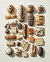 Assorted breads over white background, flat lay