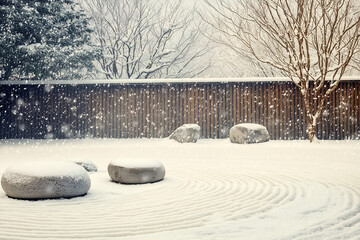 Minimalist Japanese Zen Garden in Winter Snowfall