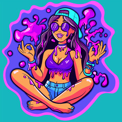 Trippy acid girl surrounded by pink liquid and smoke. Psychedelic hippie woman wearing sunglasses in a trance.