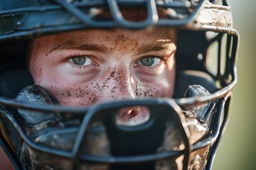 Baseball catcher wearing helmet and mask, looking determined and focused during game