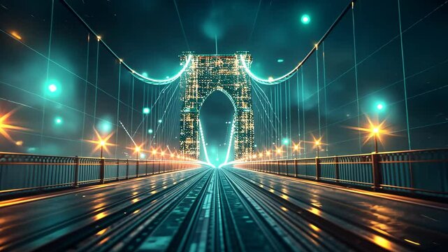 Lighted bridge at night with vibrant colors and digital effects in a futuristic cityscape