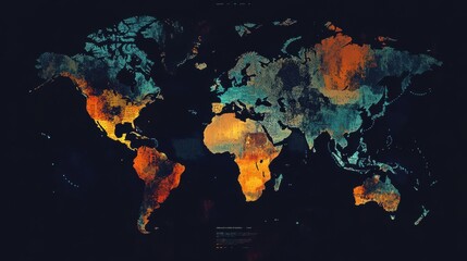 Global stats and big data concept with digital graphic colourful dotted world map and indicators on abstract dark background, greed for landing page. 3D rendering