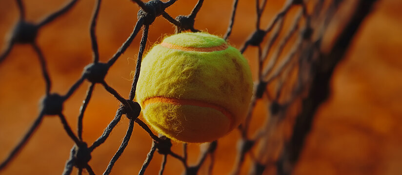 Pallina da tennis in rete su terra rossa.