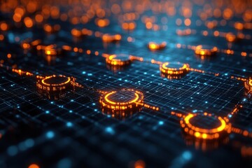 Fototapeta premium Computer generated visual of interconnected nodes with glowing orange elements on a dark blue grid